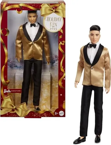 Barbie Signature 2025 Holiday Black Hair Ken Collectible Fashion Doll Wearing Full Suit with Golden Jacket in Displayable Packaging & Doll Stand