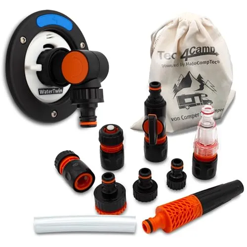 MaJoCompTec® WATERTWIN Tankadapter Wasserfilter Zähler Set | Wohnmobil Wasser Tankdeckel Zubehör | Einfüllstutzen Adapter kompatibel mit Gardena | Typ 3-Pin D:78 (CLEAN+CONNECT-Set)