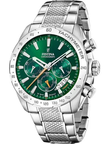 Festina Chronograph für Herren F20668/3 - Armbanduhr für Herren mit 44,5 mm Gehäuse, grünem Zifferblatt und elegantem Edelstahlarmband – perfekt für stilbewusste Männer.