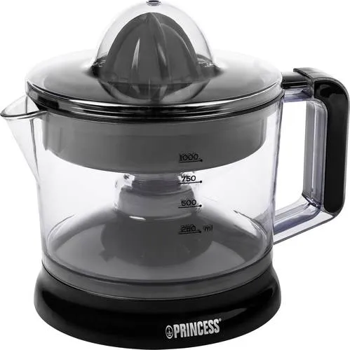 Princess Zitruspresse 201004 - 1L, 25W, schwarz, mit automatischem Entsaftungsstart und einstellbarem Fruchtfleischfilter für frischen Saft jeden Morgen