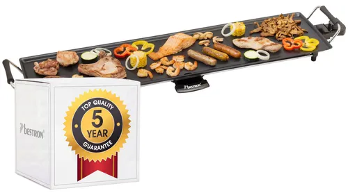 Bestron elektrischer Tischgrill, XXL Plancha-/Teppanyaki-Grillplatte mit Antihaftbeschichtung, Grillspaß für bis zu 8 Personen, extra lange Grillfläche, 1.800 Watt, Farbe; Schwarz, 90,5 x 23,7 cm