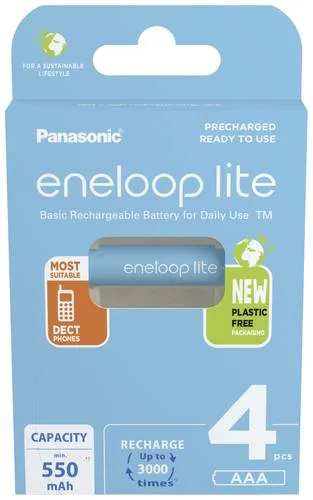 Eneloop lite HR03 Micro (AAA)-Akku NiMH 550 mAh 1.2V - 4er Pack, ideal für schnurlostelefone und fernbedienungen, bis zu 3000x wiederaufladbar und umweltfreundlich
