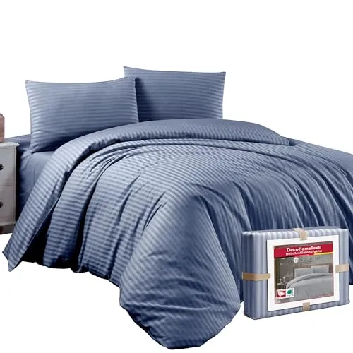DecoHomeTextil Bettwäsche Set Bettgarnitur mit Reißverschluss Polycotton Streifen Indigoblau 1x Bettbezug 200 x 220 cm + 2X Kissenbezüge 80 x 80 cm