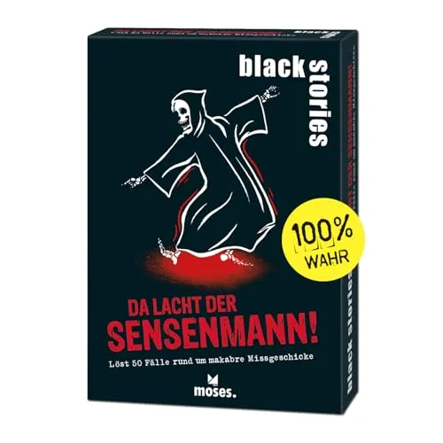 moses. Black Stories Da lacht der Sensenmann! - 50 Rätsel mit Fällen rund um makabre Missgeschicke, Krimi Kartenspiel mit Spielvariante und Punktechips, Rätselspiel für Jugendliche und Erwachsene