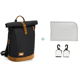 Fillikid Wickelrucksack Rolltop Berlin, Schwarz Melange - Modische Wickeltasche mit ergonomischem Schultergurt und herausnehmbarer Wickelunterlage – ideal für unterwegs mit Baby.