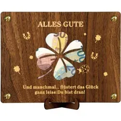 Geldgeschenk Holz Kleeblatt Glückskarte Verpackung - Präsentieren Sie Ihr Geldgeschenk stilvoll mit unserem Holz Kleeblatt Set. Enthält zwei hochwertige Kleeblattkarten, einen stabilen Ständer und eine Grußkarte. Perfekt für jede Gelegenheit, um Glück und Freude zu verbreiten.
