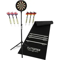 Stagecaptain DBS-1715 BullsEye Pro Dartscheibe Set - Dartscheibe aus Sisal mit höhenverstellbarem Ständer und Bodenschutzmatte, inklusive 6 Steeldarts und 12 Flights – ideal für Turniere und das perfekte Spielvergnügen.