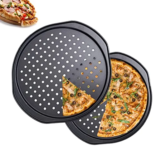 AZKEEGREY 2 Stück Pizzablech Rund 33cm, Pizza Backblech Gelocht Antihaft, Pizza Blech Runde Carbonstahl, Pizzaformen 36 x 33 x 1,5 cm