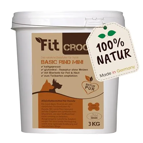 cdVet Fit-Crock Hundefutter trocken Basic Rind Mini 3 kg, getreidefrei - Hochwertiges Trockenfutter für Hunde, glutenfrei und ohne Füllstoffe. Ideal für eine ausgewogene Ernährung mit Rind und Meeresfisch. Unterstützt die Verträglichkeit und eignet sich bestens für die BARF-Pause.