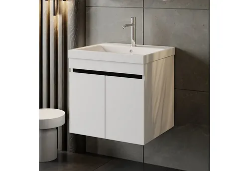 Karen Waschtisch-Set Waschtisch mit Unterschrank Venus Weiß, (2-St., Der Lieferumfang umfasst Unterschrank und Waschbecken), Futuristisch, Hochglanz, Keramikwaschbecken, Softclose