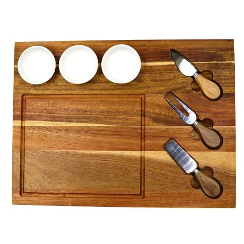 Kadum Käsebrett Set mit Besteck | Käseplatte 3 Käsemesser | Käsebrettchen mit 3 Porzellanschalen | Porzellanschälchen 40x30x2 cm | Frühstücksbrett handgefertigt