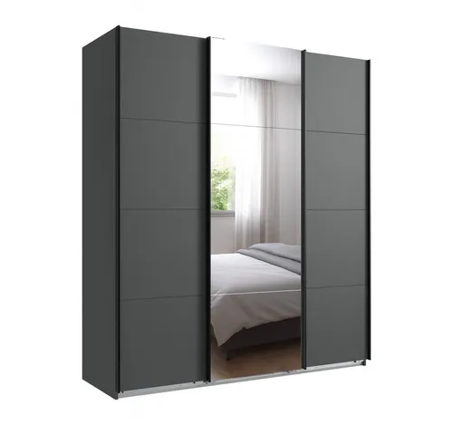 luma-home Schwebetürenschrank 22512 (mit einer Kleiderstange, 4 Einlegeböden, 2 Stoffboxen, B180/H208/T64 cm) in Grafit, eine Tür mit Spiegel, schwarze Metallgriffleisten
