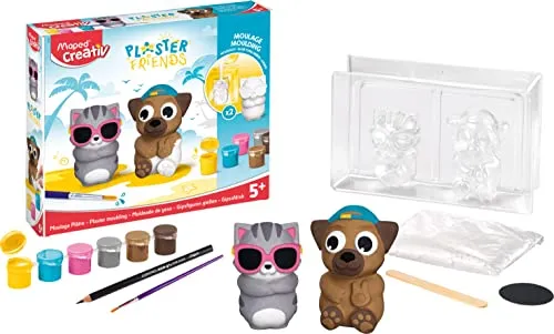 Maped CREATIV - Gipsfiguren-Bastel-Set PLASTER FRIENDS - Summer: Hund & Katze - inkl. 2x Förmchen für Figuren 9 cm, Gips, 6x Malfarben, bunt