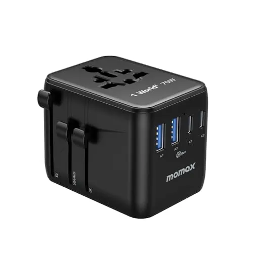 MOMAX Reiseadapter Weltweit 70W GaN Fast Universal Adapter 7-in-1 mit 2 AC Steckdosen & 5 Anschlüssen (3 USB-C + 2 USB-A), weltweiter Steckeradapter für EU, USA, UK und mehr