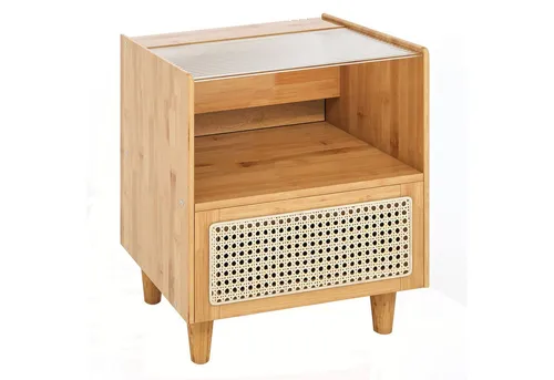 COSTWAY Nachttisch (2-St), Rattan Beistelltisch, mit Glastischplatte, aus Bambus