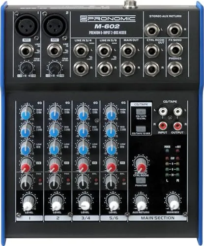 Pronomic M-602 Live/Studio Mischpult - 6-Kanal Mixer mit 2 Mono-Kanälen und 2 Stereo-Kanälen, ideal für Live-Performances und Studioanwendungen dank 48V Phantomspeisung und 3-Band EQ.