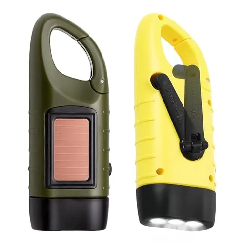 Sporgo Wiederaufladbare LED-Kurbeltaschenlampe: 2 Stück Dynamo-Solarlampen mit Karabiner, tragbare Mini-Taschenlampe mit Kurbel und Solarpanel für Camping im Freien