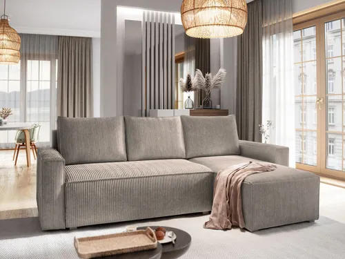 Masseno Ecksofa POTARO mit Schlaffunktion und Bettkasten - Ecksofa mit Schlaffunktion und praktischem Stauraum, ideal für Gäste und platzsparend. Elegantes Design in Beige, das Ihrem Wohnzimmer Stil und Komfort verleiht.