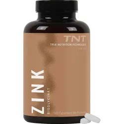 TNT Zink Bisglycinat - höchste Bioverfügbarkeit Tabletten, 180 Stück - Mineralstoffe mit 500% NRV Zink pro Tablette, ideal zur Unterstützung des Immunsystems und für vegane Ernährung geeignet.
