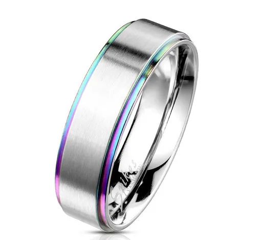 BUNGSA Fingerring 49 (15.6) Ring Silber gebürstet Regenbogen Außenringen Edelstahl (Ring, 1-tlg), Damen Herren