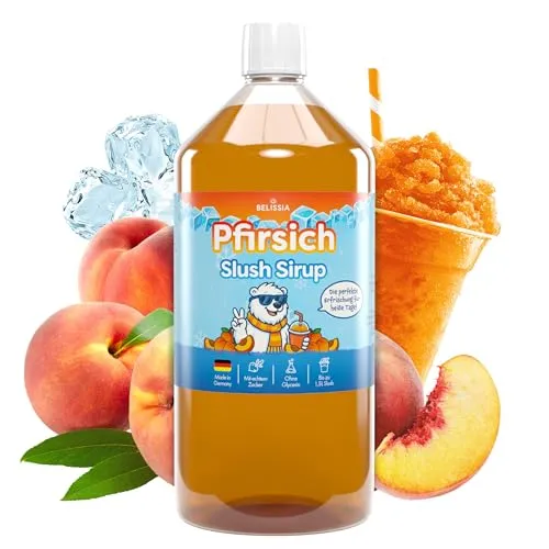Belissia Slush Eis Sirup 1000ml Konzentrat | Pfirsich Geschmack | sehr ergiebig in knalligen Farben (1:5) für bis zu 6 Liter | Glycerin frei – für Slush-Eis