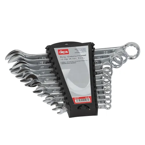 Dema Doppel Ringschlüsselset 12-teilig, 6-22 mm - Das 12-teilige Ringschlüssel-Set von DEMA aus hochwertigem Chrom-Vanadium-Stahl bietet Langlebigkeit und Widerstandsfähigkeit. Ideal für präzises Arbeiten, selbst an engen Stellen. Mit praktischer Halterung zur einfachen Aufbewahrung.