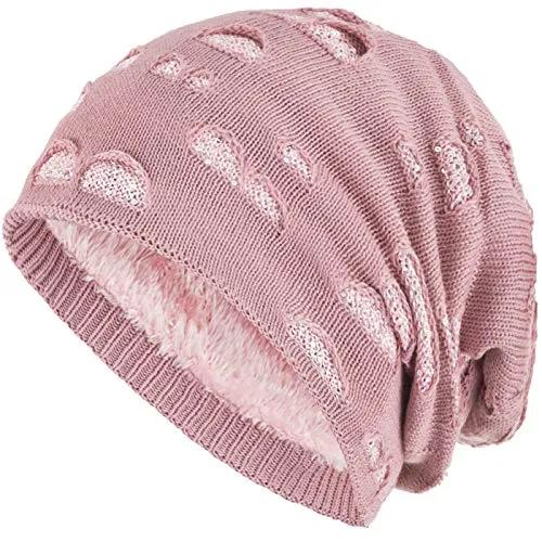 Compagno Mütze Damen Wintermütze mit Pailletten warm gefütterte Beanie Strickmütze Hat Haube Einheitsgröße, Farbe:Rose