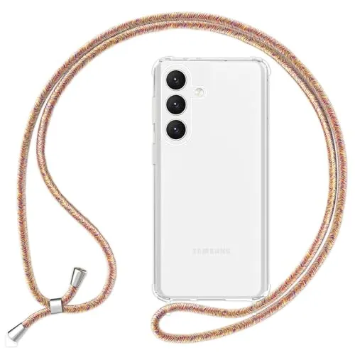 NALIA Klare Schutzhülle mit Kette kompatibel mit Samsung Galaxy S24 Hülle, Transparente Handyhülle mit Band zum Umhängen, Stabile Rückseite & Silikon-Rahmen mit verstärkten Ecken, Farbe:Regenbogen