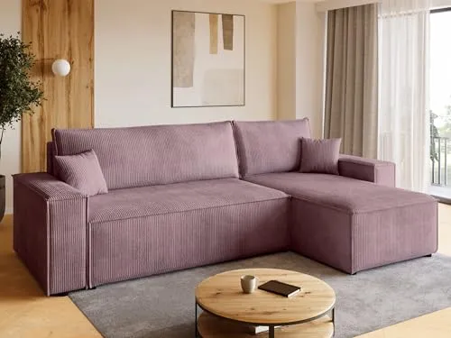 BROMARKT Sofa mit Schlaffunktion Couch L Cordstoff Sofa Bettkasten Schlafsofa für Wohnzimmer Ecksofa freistehend Adi Relaxsofa 3 sitzer 244x143x85 cm Rosa