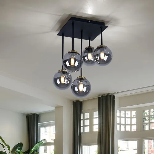Deckenleuchte Kugellampe 5-flammig, Metall Messing schwarz mit Rauchglas
