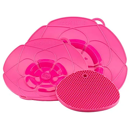 Kochblume Profi-Set für Töpfe 14-28 cm mit Bionic Multipad in pink - Vielseitiges Set für Töpfe von 14 bis 28 cm: Überkochschutz, Spritzschutz und Untersetzer in einem. Spülmaschinenfest und lebensmittelecht – ideal für stressfreies Kochen!
