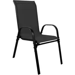 Robuster Outdoorstuhl aus Metall und Textilen in Schwarz - Gartenstuhl aus pulverbeschichtetem Stahl, wetterfest und stapelbar für platzsparende Lagerung – ideal für Balkon und Terrasse.