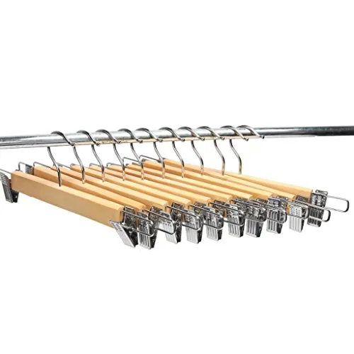 LOHAS Home 10er-Pack naturfarbige Holzkleiderbügel für Hosen und Schoss mit Zwei Einstellbaren Anti-Rost-Clips