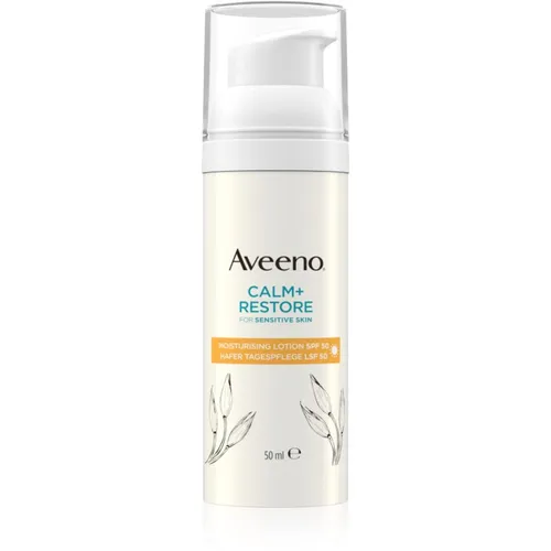 Aveeno Calm + Restore feuchtigkeitsspendende Milch für das Gesicht SPF 50 - Tagescreme mit SPF 50, schützt vor UV-Strahlen und vorzeitiger Hautalterung, spendet intensiv Feuchtigkeit und beruhigt empfindliche Haut.