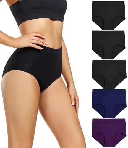 wirarpa Damen Unterhosen Baumwolle Slips Damen Unterwäsche Hohe Taille Taillenslip Weich Frauen 5er Pack 3Schwarz, 1Blau, 1Lila Größe L
