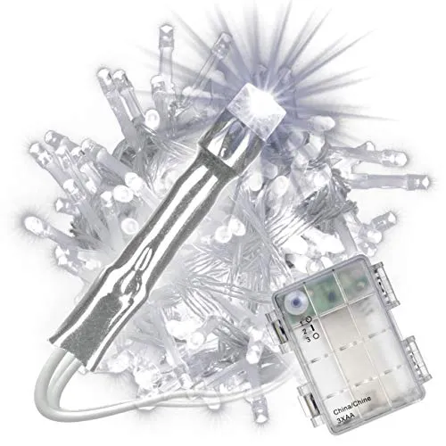 Nipach GmbH 100 LED Lichterkette weiß mit Timer für Innen Aussen transparentes Kabel Batterie 10 Meter Weihnachtsdeko Partydeko Partylichter Xmas