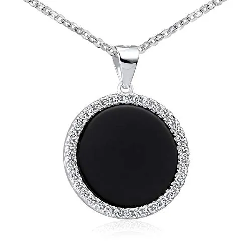 MATERIA Onyx Anhänger rund schwarz - 925 Silber für Damen - Eleganter Anhänger aus rhodiniertem 925 Sterling Silber mit funkelndem Onyx und Zirkonia, ideal für jedes Outfit. Inklusive Kette (40 cm) und edlem Etui.