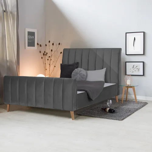 Polsterbett 140x200 cm Grau Samt mit Lattenrost - Elegantes Doppelbett aus hochwertigem Samt, inklusive Lattenrost. Ideal für Erwachsenen-Schlafzimmer, Pflegeleicht und modern im Design.
