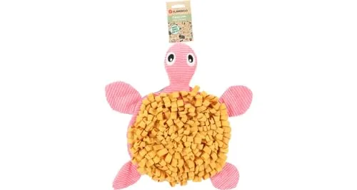Flamingo Schnüffelteppich Welpe Morgano Schildkröte Ocker & Rosa - 38x32x9cm - Mit Anti-rutsch, Squeaker und knistergeräusch - Mit Snacks oder Trockenfutter befüllbar