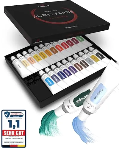 LIEBERGE Acrylfarben Set Premium – 24 intensive Farben à 12ml mit hoher Deckkraft – Acrylfarbe für Leinwand, Holz, Beton, Stein, Glas, Keramik uvm. (24 Farben, 12ml)