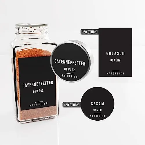colortouch Gewürzetiketten Selbstklebend - 240 Stück Aufkleber Gewürzetiketten (Rund und Eckig) - Vorratsetiketten - Gewürzgläser Etiketten - Gewürz Sticker - Wasserfest - Minimalistisch - Schwarz