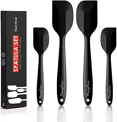 FloweryOcean 4 Silikon Spatel Hitzebeständig Spatulas BPA Frei Silikon Teigschaber Set Nicht-Stick,Einem Kern Edelstahl und Nahtloses Einteiliges Design Spachtel für Küche, Backen und Kochen (Schwarz)