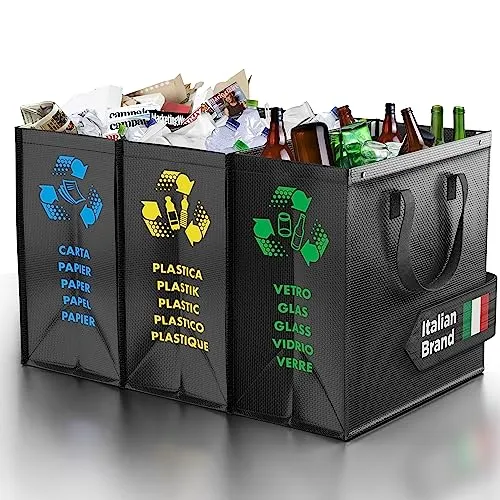 PTMS® Mülleimer 3 Fächer - Mülltrennsystem für Papier, Glas und Plastik - Umweltfreundliche Recycling Organizer Taschen aus sehr resistenten und wiederverwendbaren Materialien - Einfache Entleerung