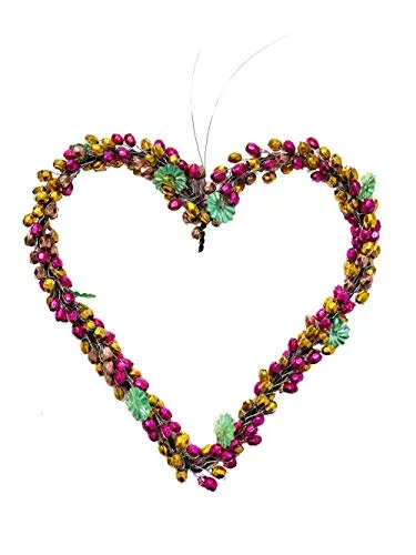 Drahtherz/Perlenherz, Gold - Fuchsia zum Aufhängen 11x12 cm - Herz aus Draht, Fensterdeko