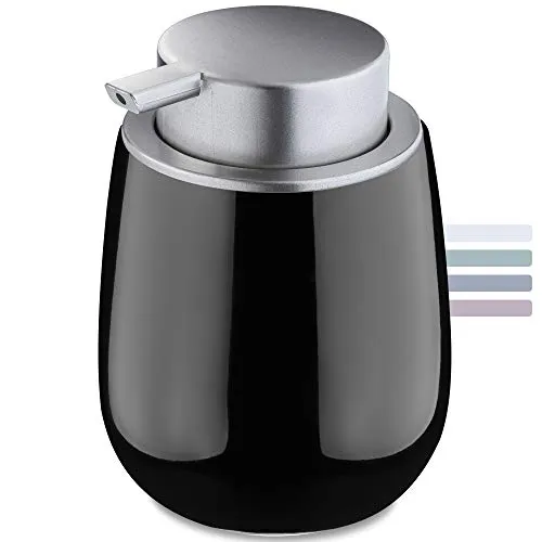 KADAX Seifenspender aus Keramik, Spender mit Pumpe aus Kunststoff, Lotions-Pender für Bad, Küche, 12,5 x 9,5 cm, Flüssigseifen-Spender, Spülmittel-Spender, glänzend, rund (schwarz)