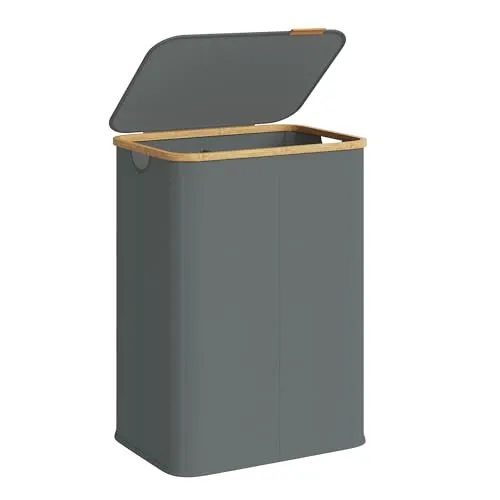 SONGMICS Wäschekorb mit Deckel, zusammenklappbar, 140 L, Bambusrahmen | Wäschesammler, Gewebe, 52 x 38,5 x 70,5 cm, für Waschküche, Schlafzimmer, Grau und Gelb, ROXANNE Kollektion LCB519GN01