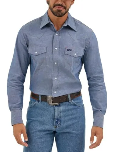 Wrangler Herren-Arbeitshemd mit Cowboy-Schnitt, langärmelig, mit Schnappverschluss, festes Finish, Medium Blue Chambray, XX-Large