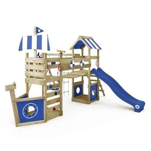 WICKEY Spielturm StormFlyer mit Schaukel & Rutsche - Outdoor Spielturm für den Garten mit 120 cm Podesthöhe, Wackelbrücke, Kletterwand und Spielturm-Zubehör. Robuste Konstruktion aus europäischem Holz für unvergessliche Abenteuer und sicheres Spielen.