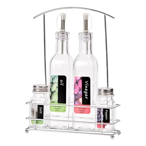5-Teiliges Menagenset Salz Pfeffer Streuer Essig Öl Spender Küche mit halter Mettal Neu