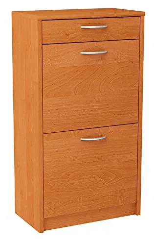 MATKAM Schuhschrank 2D1S in moderner Optik, B 50 x H 92 x T 28 cm, laminierte Möbelplatte 16 mm, mit Rückwand, 2 ausklappbare Schuhablagen, 1 Schublade für zusätzlichen Stauraum (Erle)